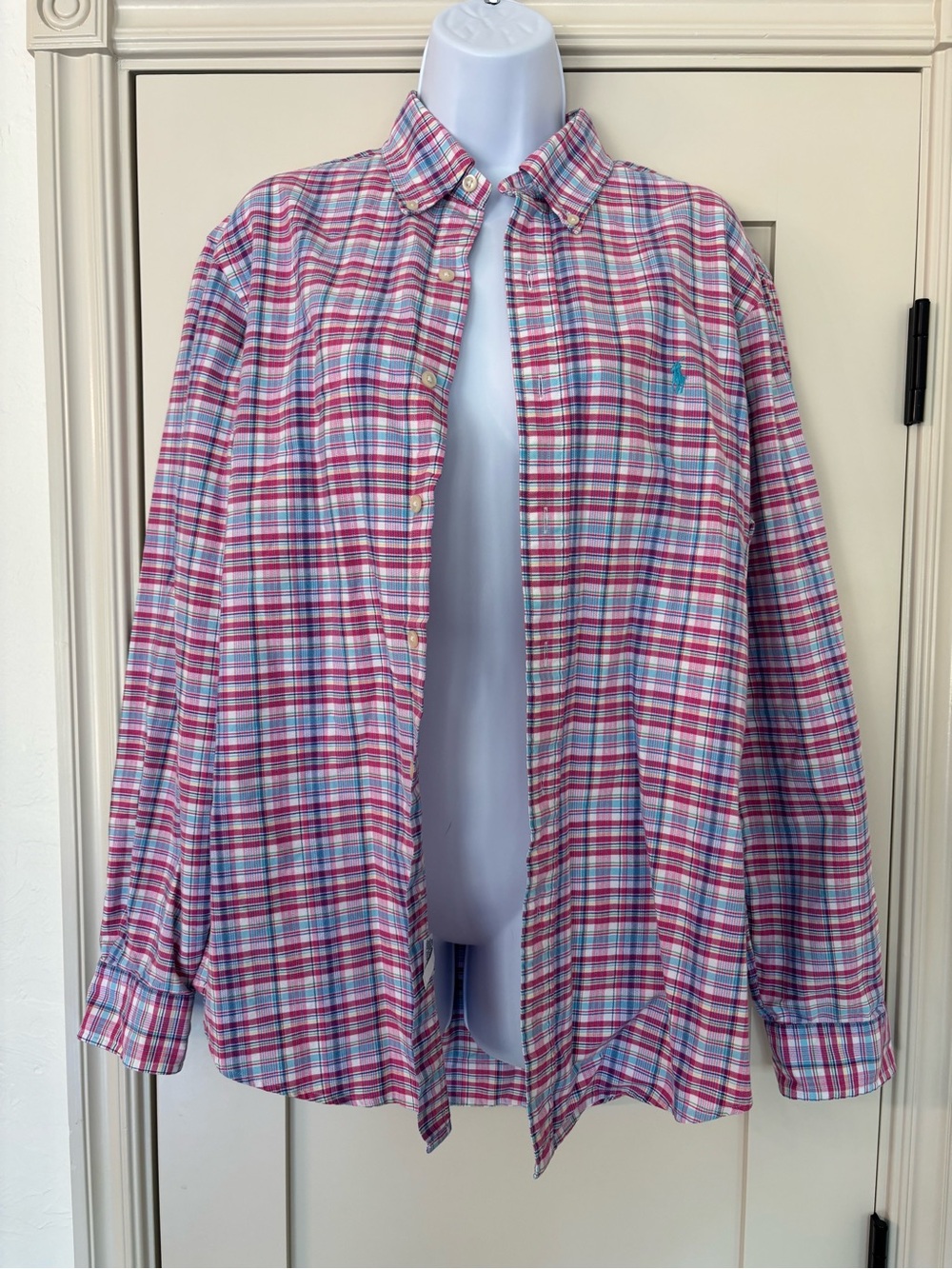 Ralph Lauren Long Sleeve Fall Layering Button Down Pink Blue Preppy Sz M/L